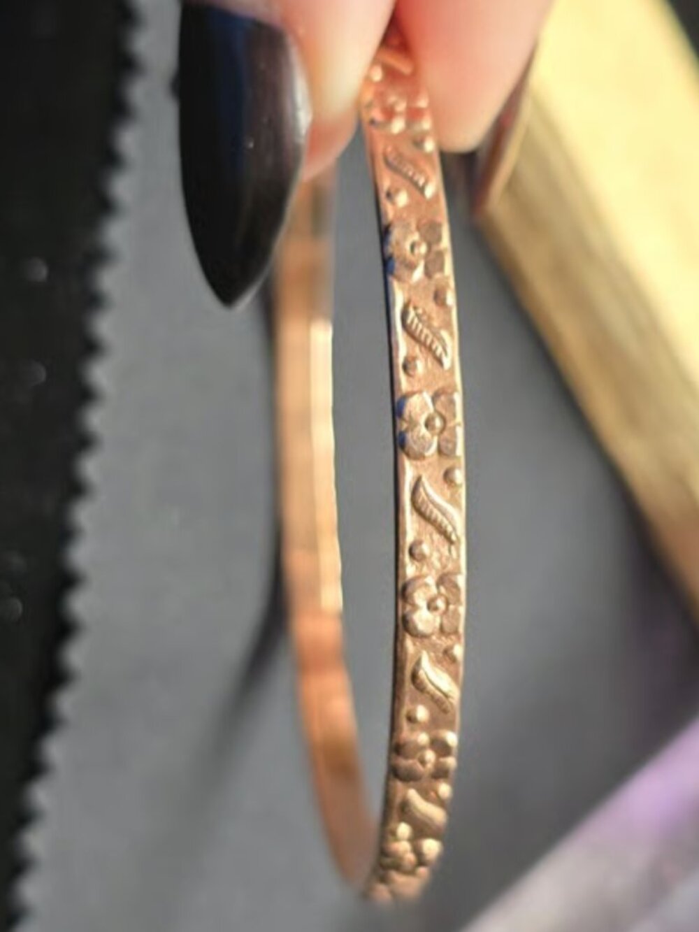 Genuine Copper Floral Stamped Bangle Bracelet, Engraved Boho Jewelry
